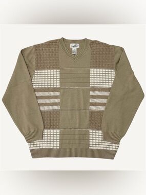 Vintage 90s Arnold Palmer Knit Geometric V Neck Grandpa Sweater Tan Medium